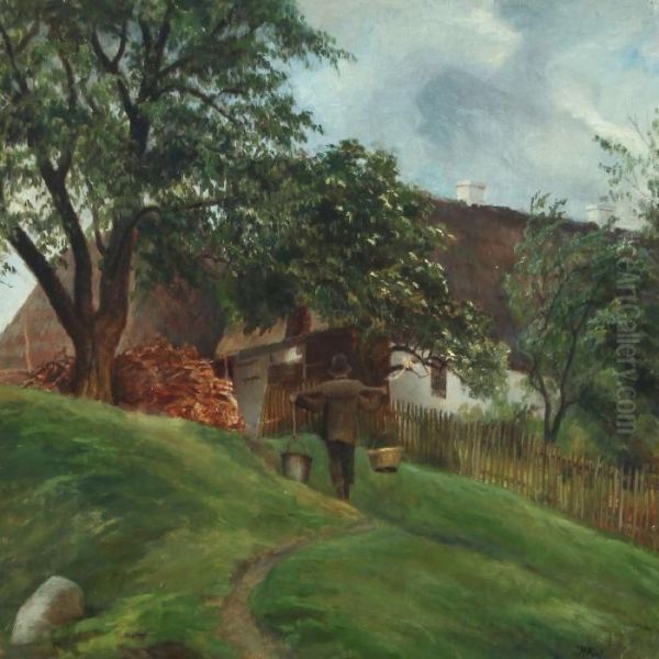 Man Carrying A Yoke At Afarm Oil Painting by Harald Foss