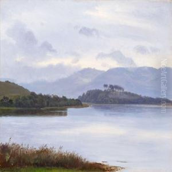 Lake Scenery Withhillsides Oil Painting by Harald Foss