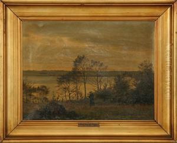 Landscape With Woman At A Lake. Signed H. Foss, Sept. 82 And Indistinct Indication Oil Painting by Harald Foss