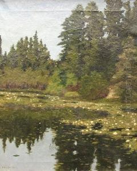 A Wooded Landscape With Waterlilies In A Pond In The Foreground Oil Painting by Ben Foster