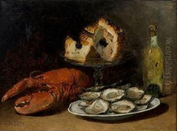 A Still Life With Lobster, A Pie And Oysters Oil Painting by Guillaume-Romain Fouace