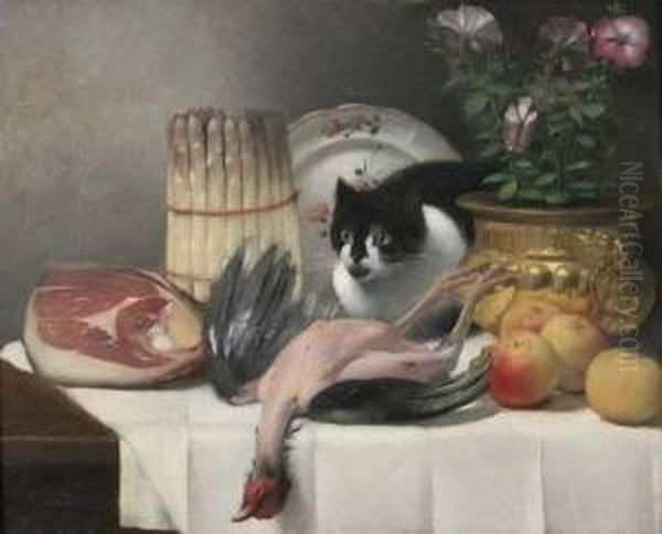 Table Top With Cat And Game Oil Painting by Guillaume-Romain Fouace