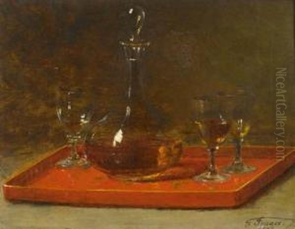 Nature Morte Avec Carafe Et Trois Verres Sur Plateau. Oil Painting by Guillaume-Romain Fouace