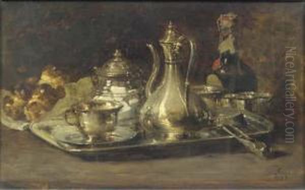 A Silver Tete A Tete, A Bottle And Brioches On A Table Oil Painting by Guillaume-Romain Fouace