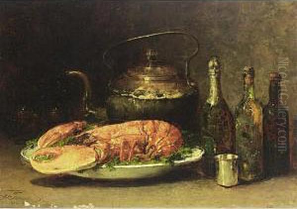 A Still Life With A Lobster Oil Painting by Guillaume-Romain Fouace