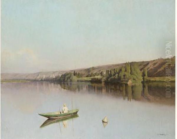 Pecheur Sur La Riviere Oil Painting by Emile Louis Foubert