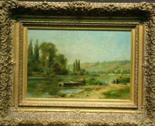 Washerwomen On The Banks Of A River Oil Painting by Emile Louis Foubert