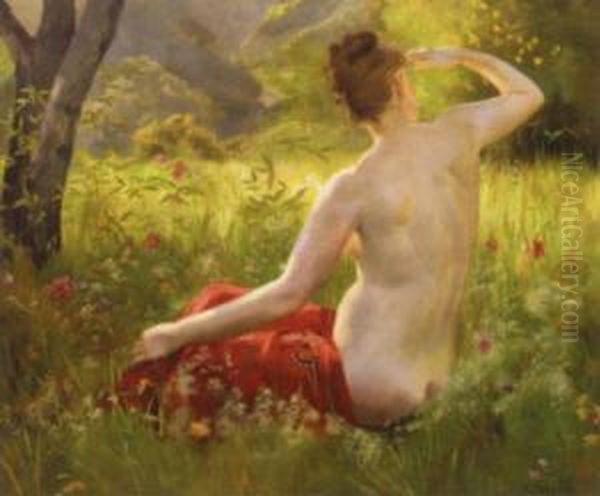 Nude In A Summer Landscape Oil Painting by Emile Louis Foubert