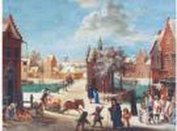 Place De Village En Hiver Animee De Nombreux Personnages Oil Painting by Jacques Fouquieres