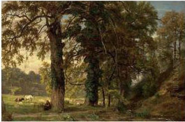 A Cowherdess With Her Cattle Resting Under A Tree Oil Painting by Theodore Fourmois