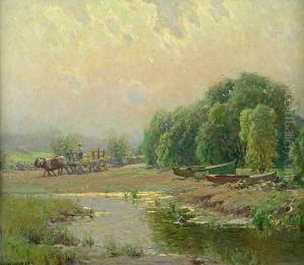 Cart By A Brook Oil Painting by Alexis Jean Fournier