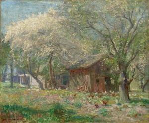 Blossoming Trees On The Farm Oil Painting by Alexis Jean Fournier