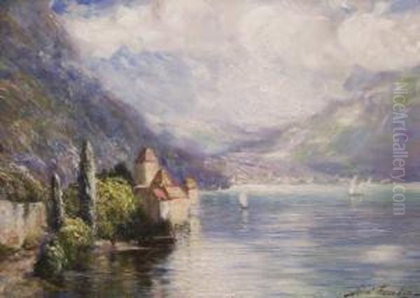 Lake Scene And Chateau Oil Painting by Robert Fowler