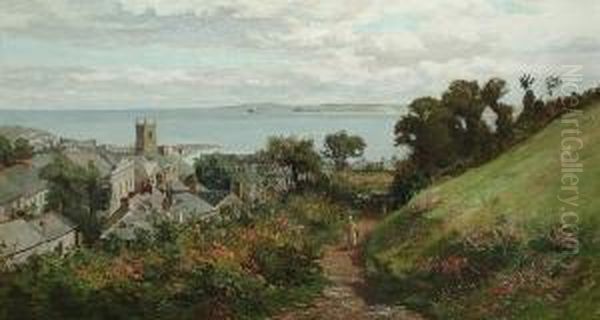 A Coastal Town, Believed To Be In Cornwall, With An Extensive View To The Sea Oil Painting by Robert Fowler