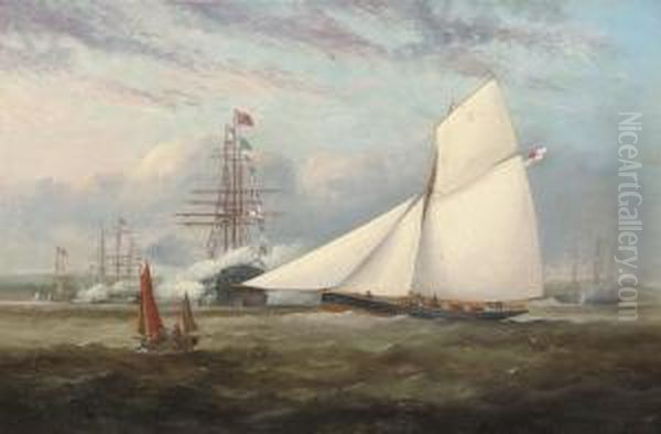 The Cutter 
Brunette
 Racing In Osborne Bay, The Royal Yachtbeyond, With Warships Saluting Her As She Passes Oil Painting by Arthur Wellington Fowles