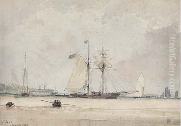 A Large Topsail Schooner Lying At Anchor Off Ryde Oil Painting by Arthur Wellington Fowles