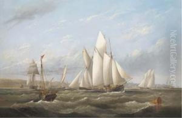 Vying For The Start - A Melee Of
 Big Cutters In Osborne Bay, With The Royal Yacht Alberta Heading For 
The Pier Below Osborne House Oil Painting by Arthur Wellington Fowles