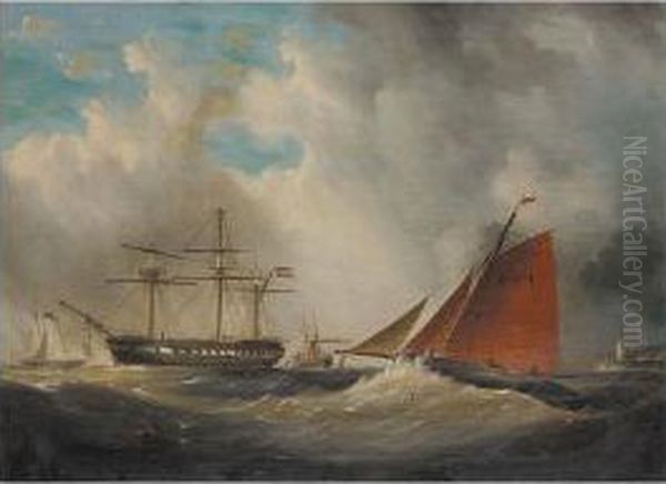 A Cutter And Man O' War In A Harbour Entrance; The Rescue Oil Painting by Arthur Wellington Fowles