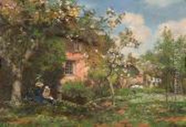 Cottage Garden With Seated Figures Oil Painting by Charles James Fox