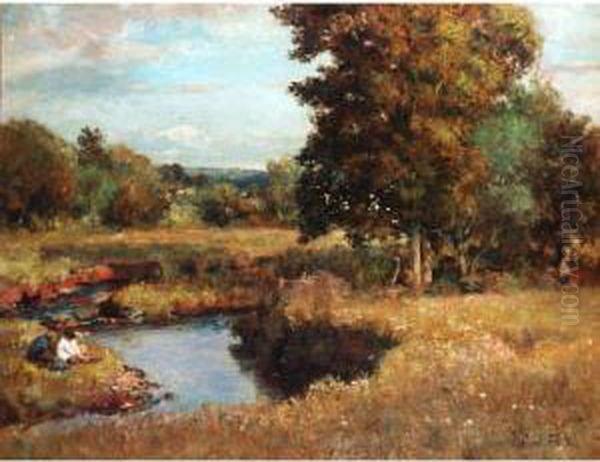 Boys On The River Bank Oil Painting by Charles James Fox