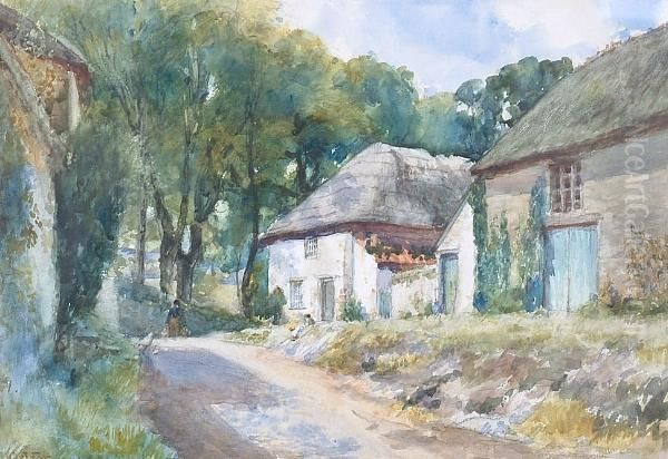 A Village Lane With Thatched Cottages Oil Painting by Charles James Fox