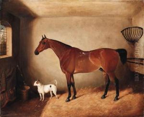 A Bay Horse And Dog In A Stable Oil Painting by Edwin M. Fox