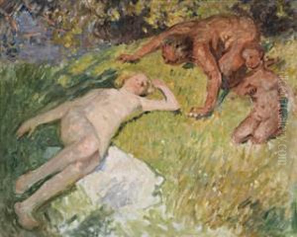 Nude And Satyr (jupiter And Antiope) Oil Painting by Emanuel Phillips Fox