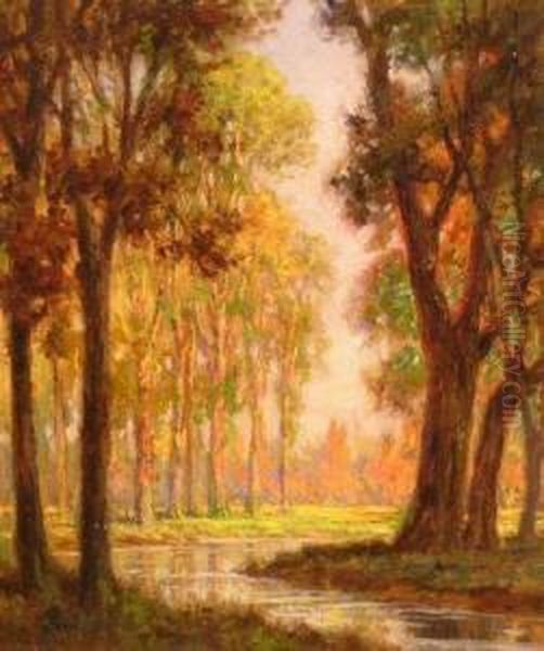 A Sunlit Wooded Landscape Oil Painting by George Fox