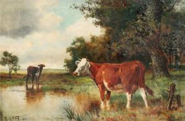 Cows Watering At A Stream While A Storm Approaches Oil Painting by Robert Atkinson Fox