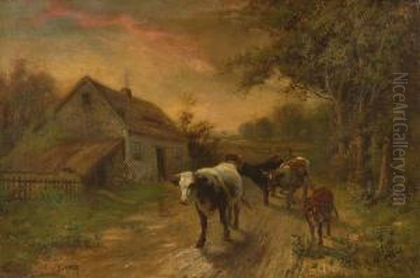 Cows On A Country Road. Oil Painting by Robert Atkinson Fox