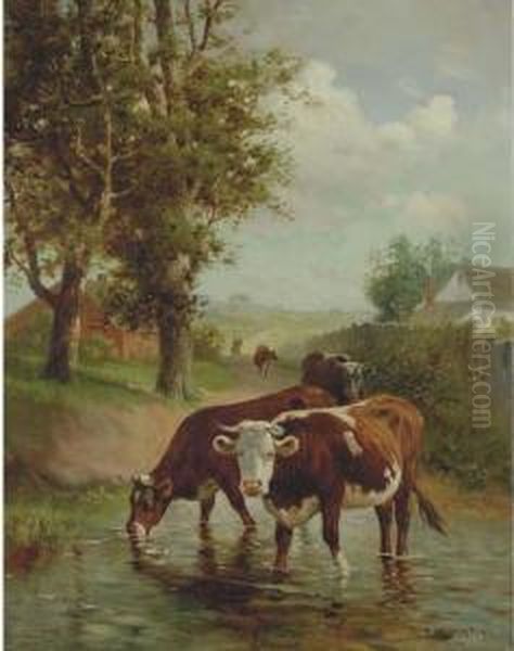 Cows In A Rural Landscape In A Riverbed Oil Painting by Robert Atkinson Fox