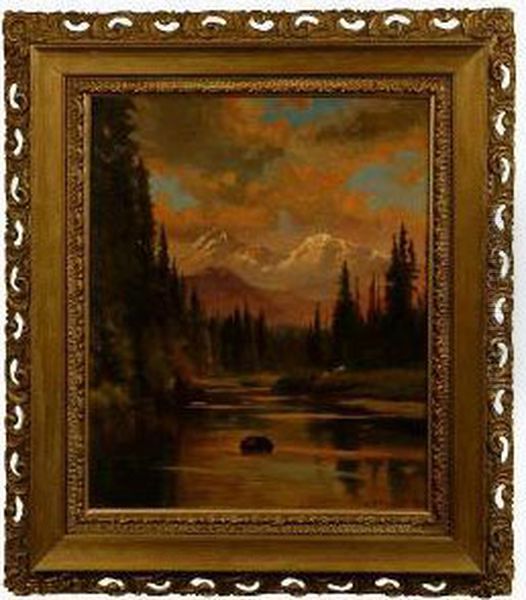 Sun Lit Mountain Landscape Oil Painting by Robert Atkinson Fox