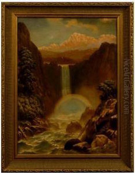 Mountain Waterfall With Rainbow. Oil Painting by Robert Atkinson Fox