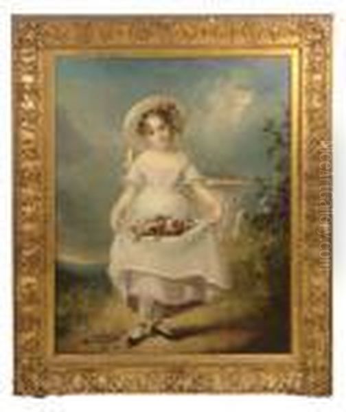 19th C. Oil, Portrait Of A Young
 Girl Standing, Wearing Bonnet, Holding Flowers In Her Dress By 
Classical Urn And Landscape, Oil, Canvas, 50 Oil Painting by Alexandre Evariste Fragonard