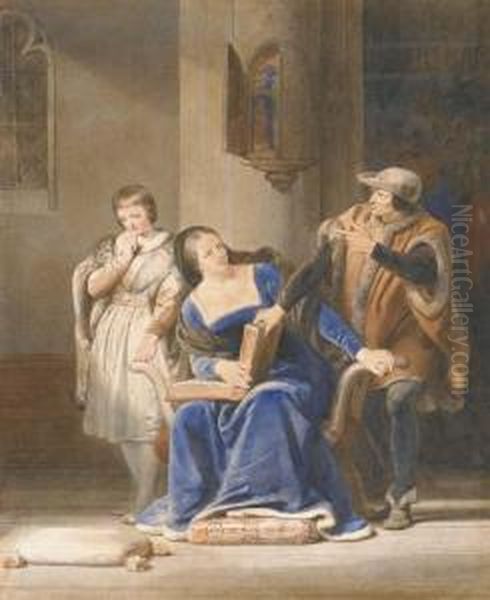 Une Femme Assise Lisant Un Livre Pres D'un Garcon Debout Oil Painting by Alexandre Evariste Fragonard