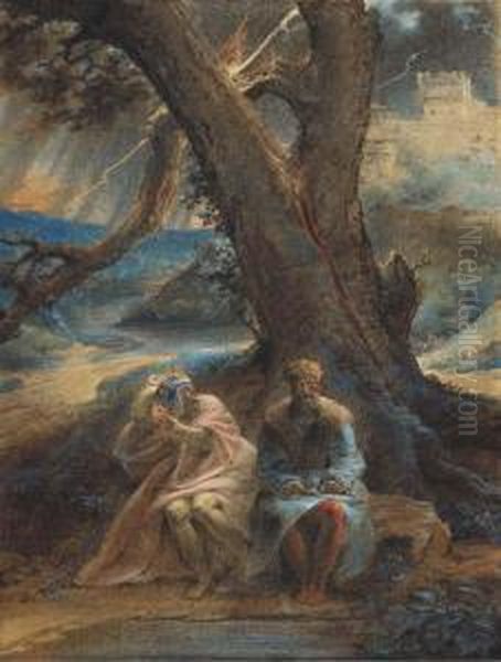 Le Roi Lear Et Le Bouffon Sous Un Arbre Pendant Une Tempete Oil Painting by Alexandre Evariste Fragonard