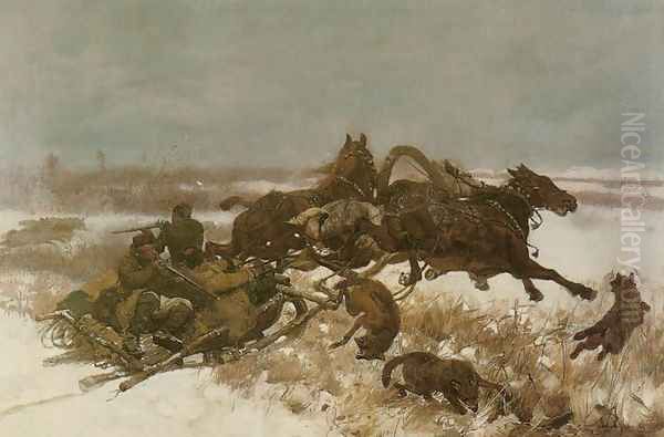 Attack of Wolves Oil Painting by Jozef Chelmonski