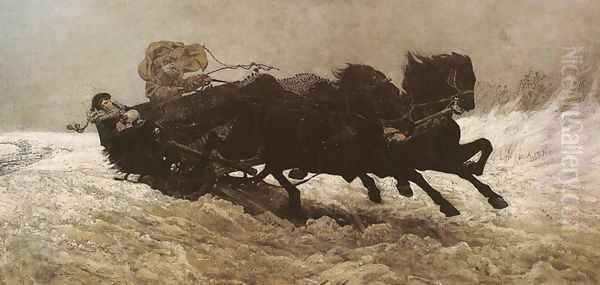 Sleigh Ride Oil Painting by Jozef Chelmonski