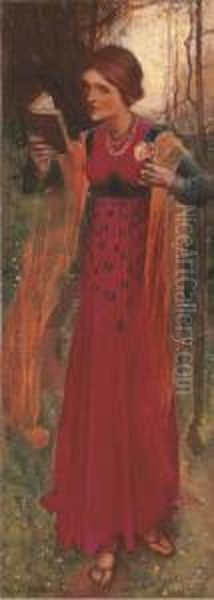 A Maiden Holding A Book And Flowers Oil Painting by Edward Reginald Frampton