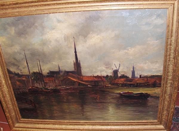 Dutch Canal Scene Oil Painting by Pierre Desire Eugene Franc Lamy