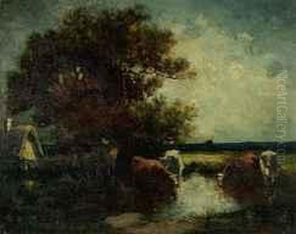 Kuhe Am Teich Oil Painting by Pierre Desire Eugene Franc Lamy