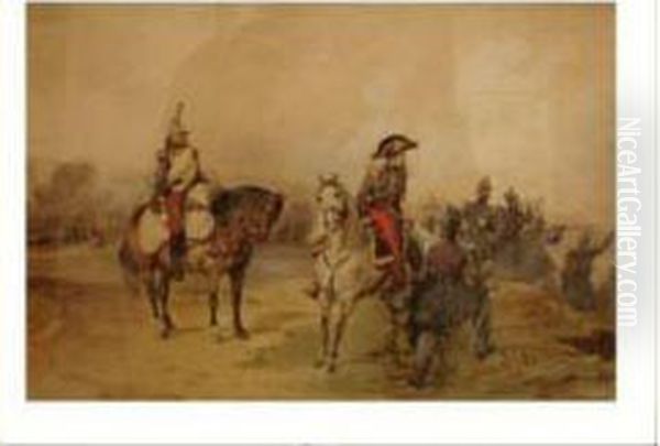 Deux Officiers A Cheval. Etat Major Du Duc D'aumale Oil Painting by Pierre Desire Eugene Franc Lamy