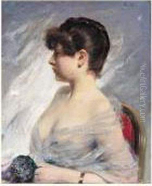 Jeune Femme Au Bouquet De Violettes Oil Painting by Pierre Desire Eugene Franc Lamy