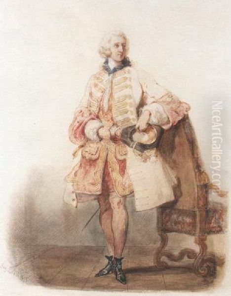 Standing Young Man Elegantly Dressed In An Eighteenth Century Fashion Oil Painting by Pierre Desire Eugene Franc Lamy