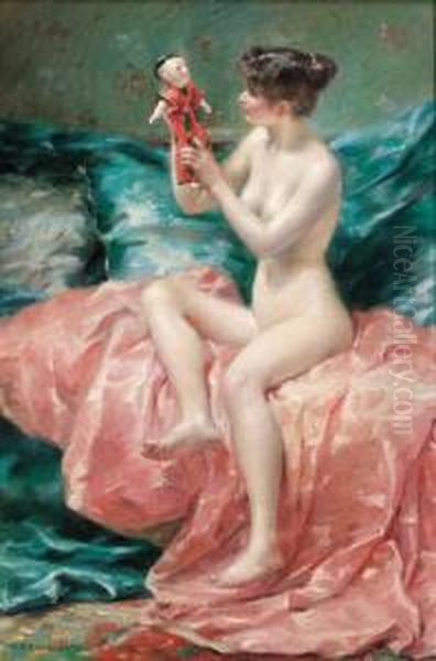 A Young Nude With A Doll Oil Painting by Pierre Desire Eugene Franc Lamy