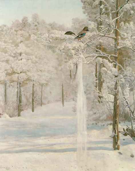 Eurasian Jay. White Frost Oil Painting by Jozef Chelmonski