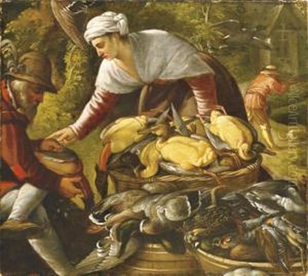 Peasants Plucking Ducks By A Wood, A Hunter Beyond Oil Painting by Paolo Fiammingo