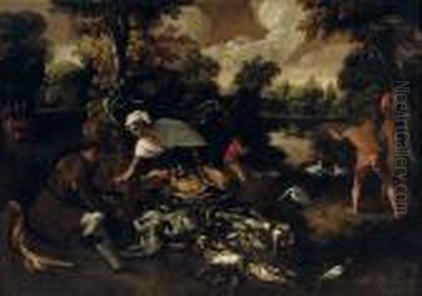 A Peasant Woman Selling Poultry 
In A Wooded River Landscape, Hunters In The Foreground And Beyond Oil Painting by Paolo Fiammingo