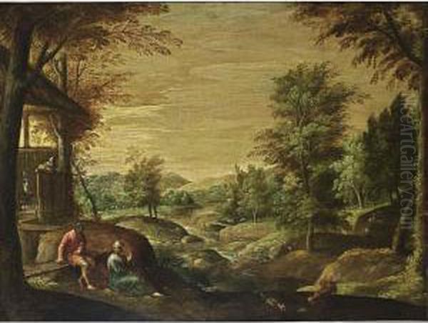 A Wooded River Landscape With A 
Couple Conversing In The Foreground Together With Chickens, Huntsmen In 
The Background Oil Painting by Paolo Fiammingo