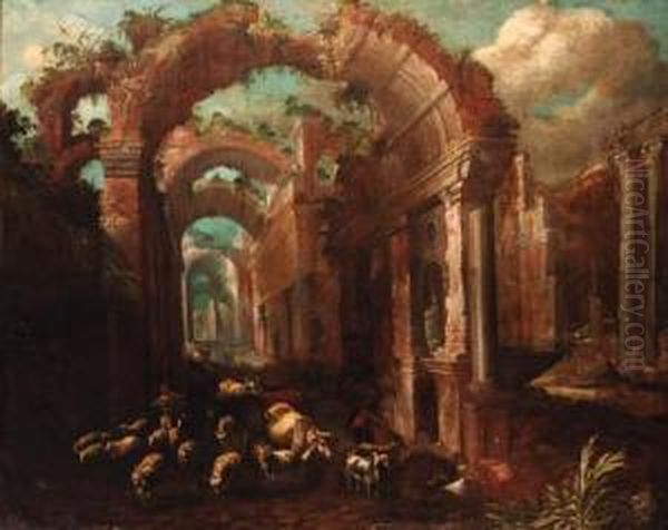 A Capriccio Of A Ruined Classical Arcade Oil Painting by Paolo Fiammingo